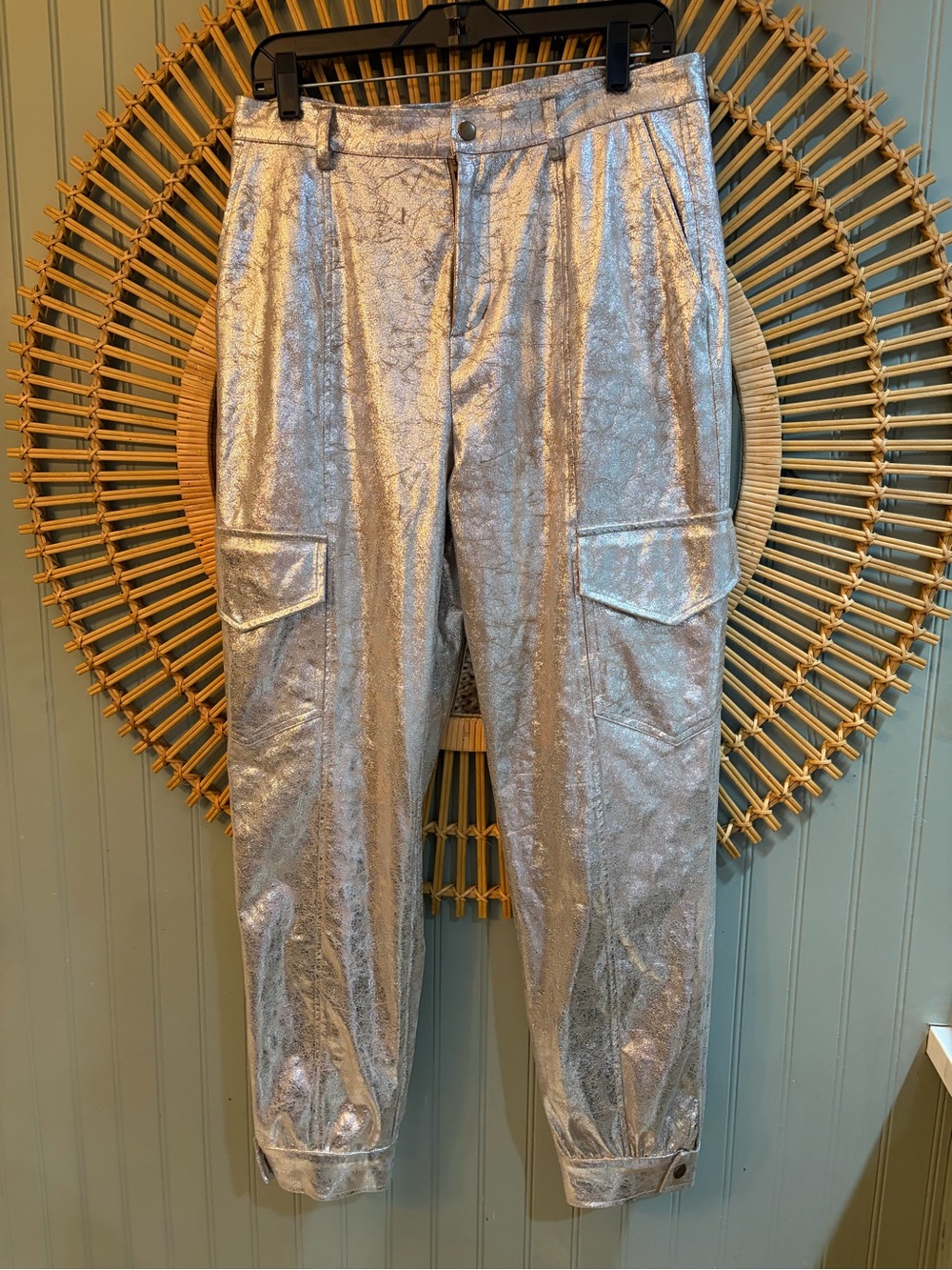 YFB Young Fabulous & Broke Priscilla Metallic Silver Distressed Cargo Pants Larg